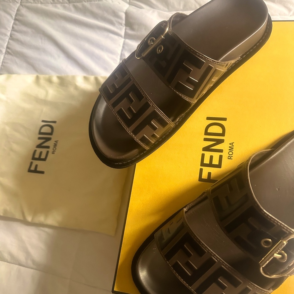 Fendi Brown Logo Slide Sandals